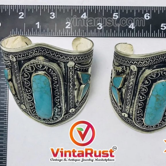 Single Afghan Cuff Turquoise Bracelet, Vintage Tribal Cuff, - Picture 6 of 7